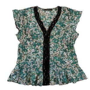 Boho Floral Peplum Blouse Black Lace Trim Cottagecore Y2K Top